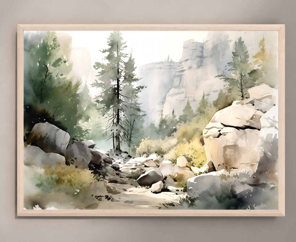Rocky Forest Stream Watercolor Painting with Pines and Cliffs Poster - Image 2
