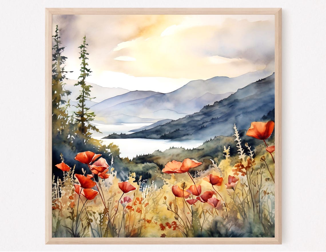 Orange Poppies and Pine Trees Over Mountain Lake Watercolor Poster