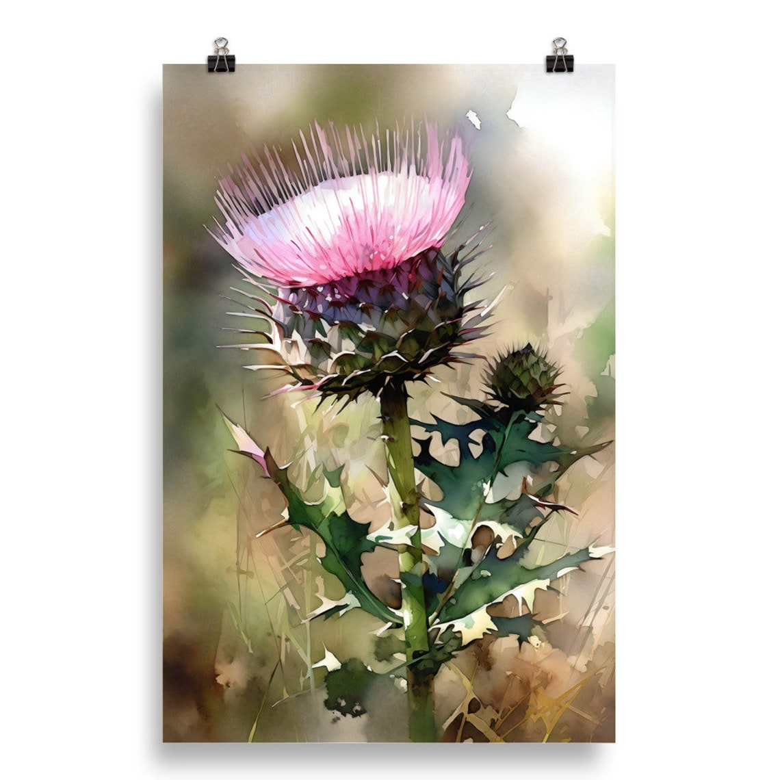 Close Up Pink Thistle Watercolor Botanical Floral Art Poster - Image 5