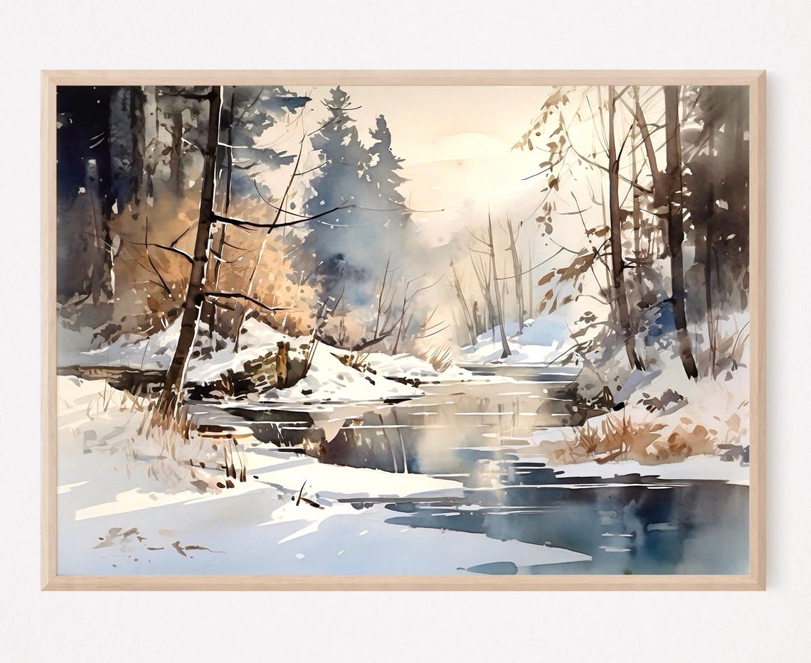 Winter Forest River Landscape Watercolor Art Print