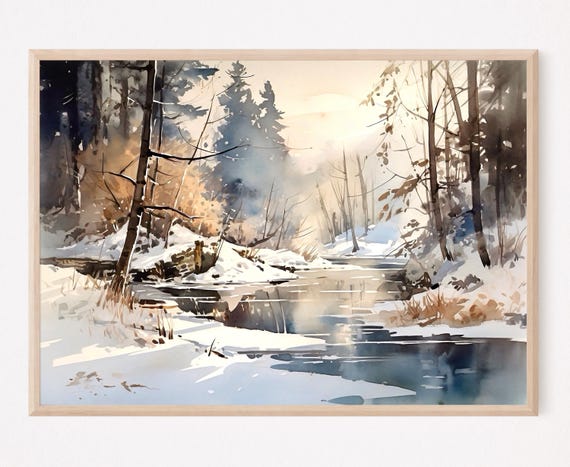 Winter Forest River Landscape Watercolor Art Print