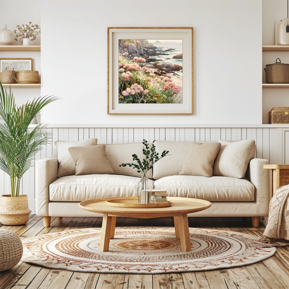 Pink Coastal Wildflowers Rocky Cliffs Ocean Watercolor Wall Art - Image 2