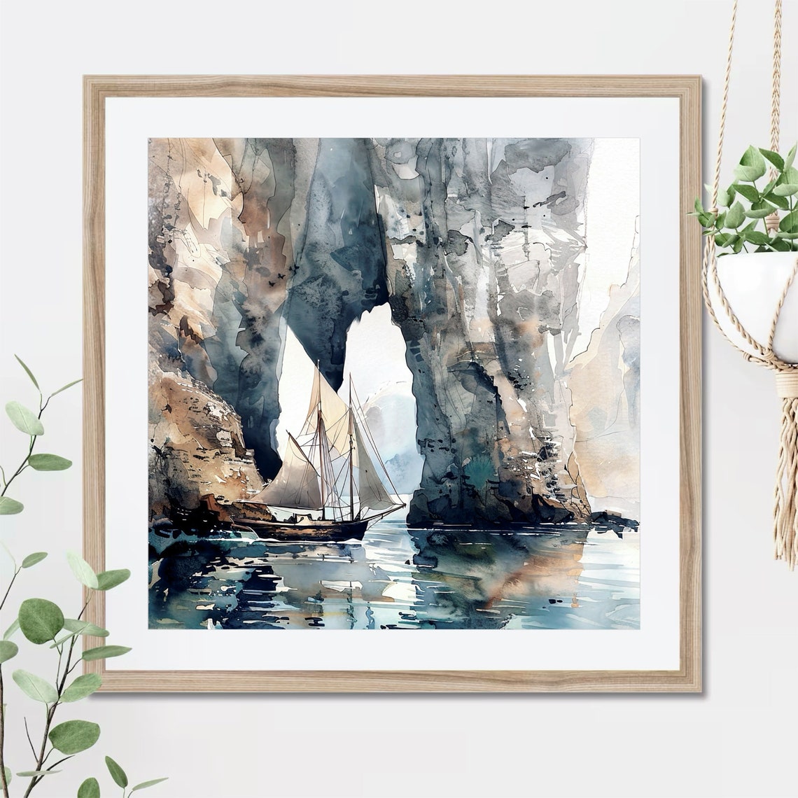 Sailboat Passing Through Towering Sea Arch Watercolor Seascape Poster - Image 2