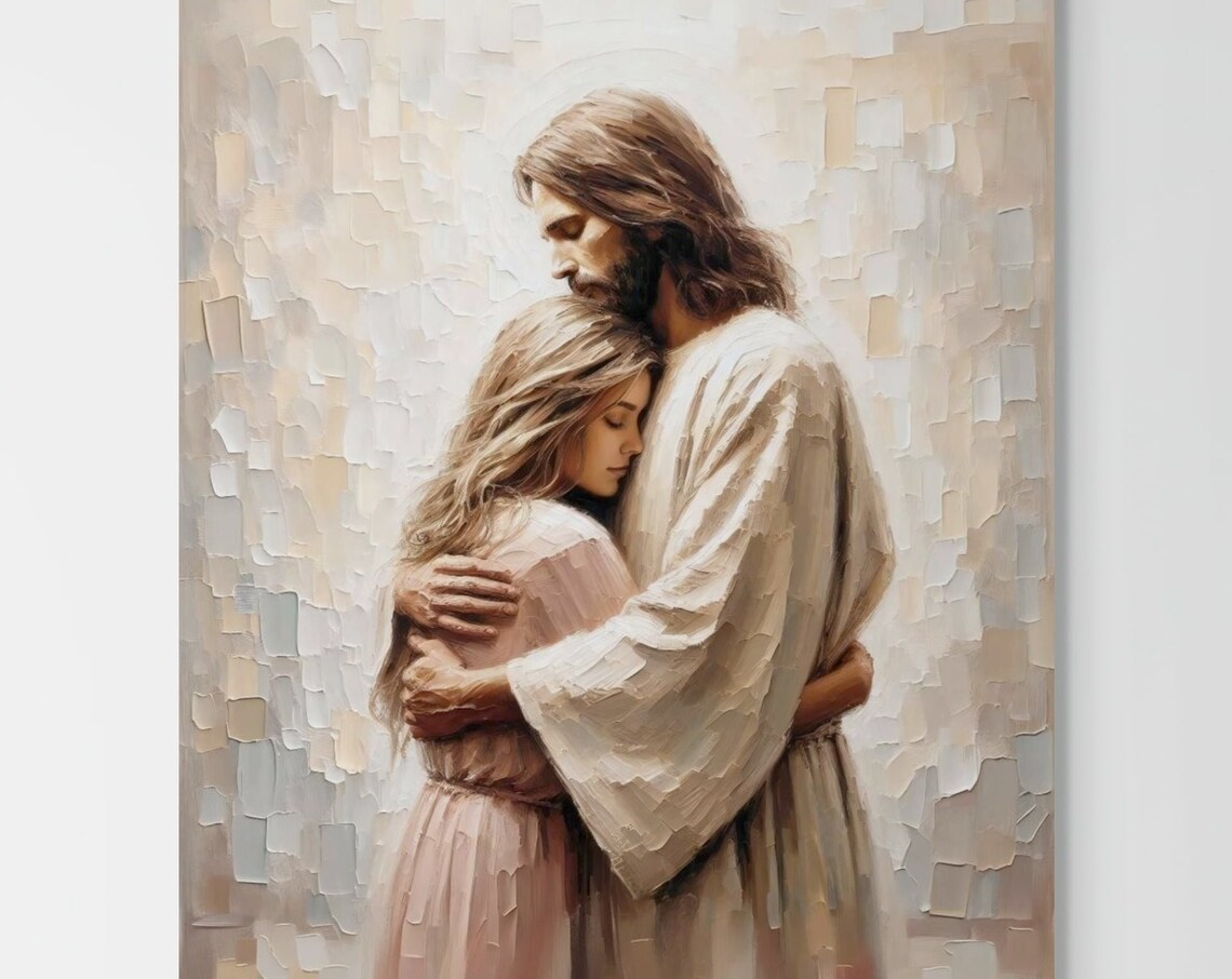 Jesus Hugging Woman Comforting Embrace Christian Painting Poster