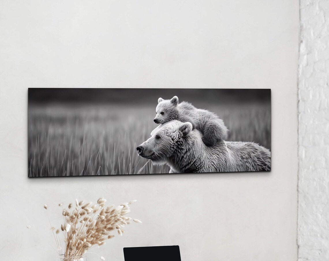 Mamma Bear Cub, Black And White Animal Art
