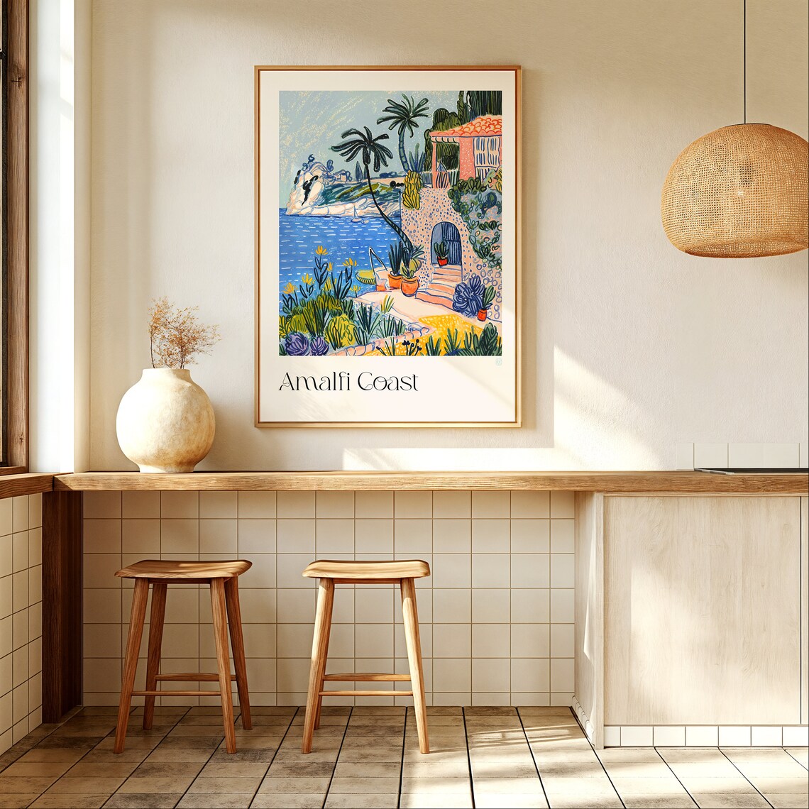 Sunny Amalfi Coast Villa Coastal Watercolor Italy Travel Poster - Image 2