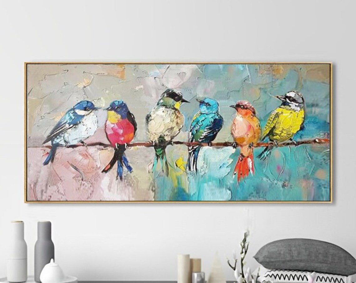 Colorful Birds on Branch Oil Painting, Abstract Art