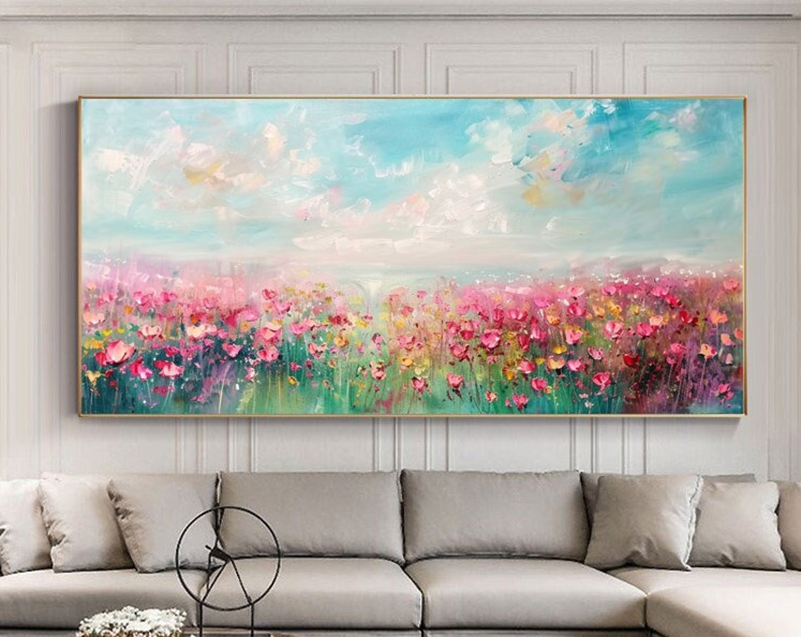 Pink Wildflower Meadow Beneath a Turquoise Sky Panoramic Poster