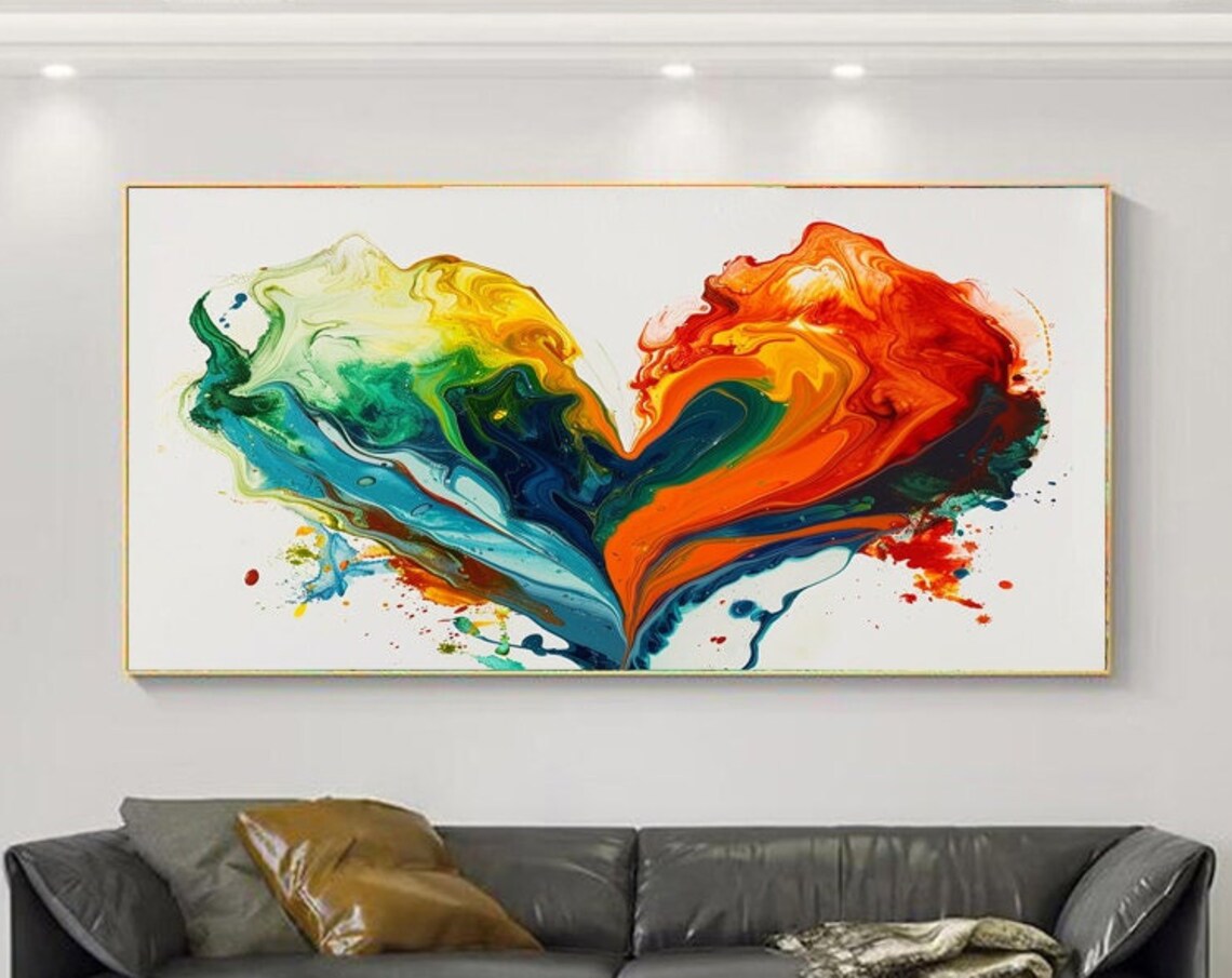 Rainbow Fluid Heart Shape Abstract Watercolor Love Art Painting Poster