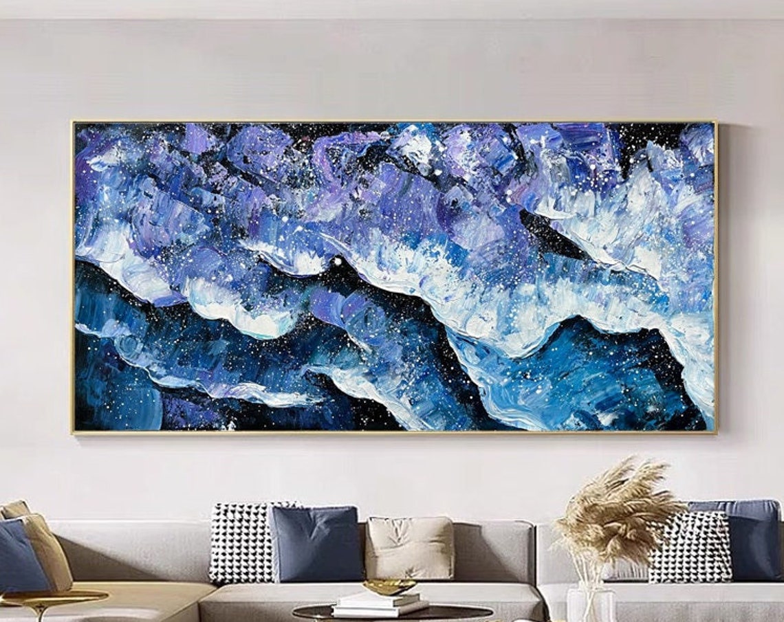 Blue Purple Crashing Waves Thick Texture Abstract Panoramic Art Poster - Image 5