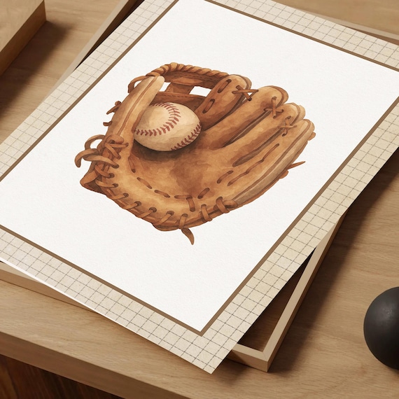 Vintage Baseball Glove Watercolor Retro Sport Kids Art Poster