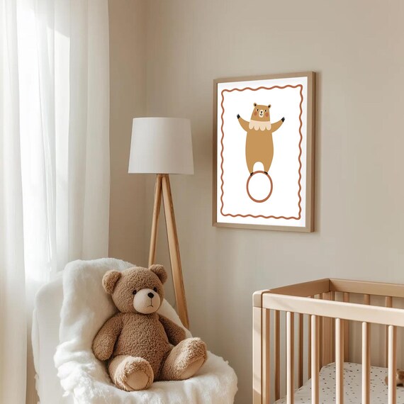 Circus Bear Balancing on a Hoop Cute Nursery Animal Art Poster