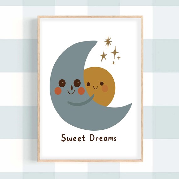 Sweet Dreams Smiling Moon and Sun Cute Nursery Bedtime Art Print