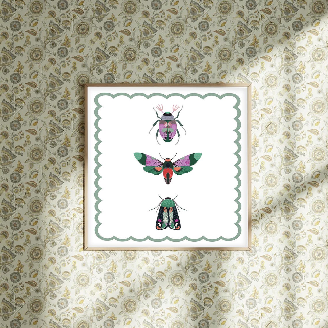 Colorful Insects Trio Sage Green Scalloped Square Frame Poster