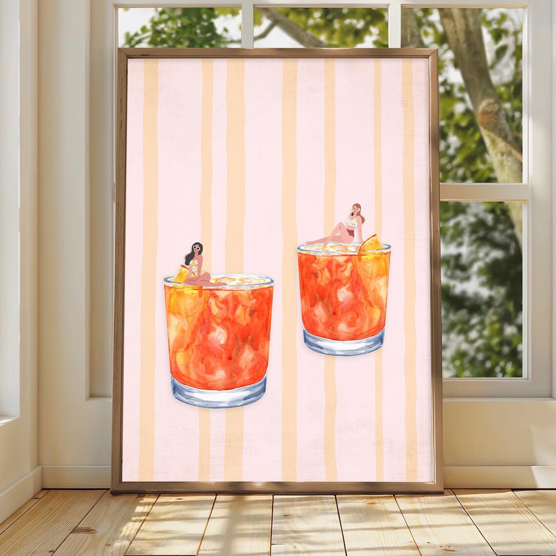 Aperol Spritz Cocktail Girls Summer Bar Cart Watercolor Poster