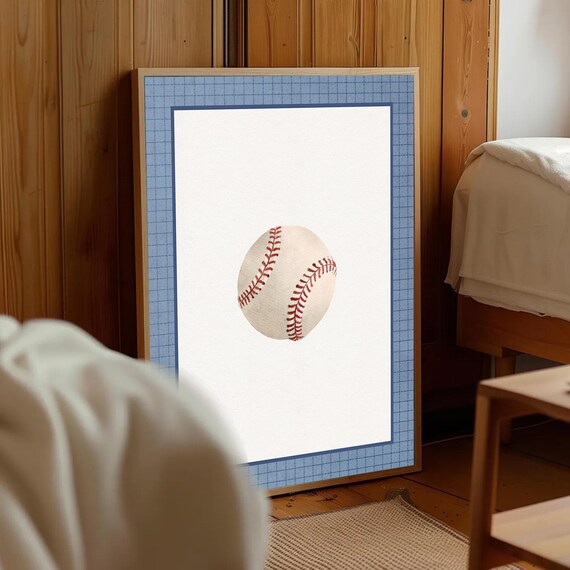 Vintage Classic Baseball Navy Grid Boys Room Sports Decor Poster