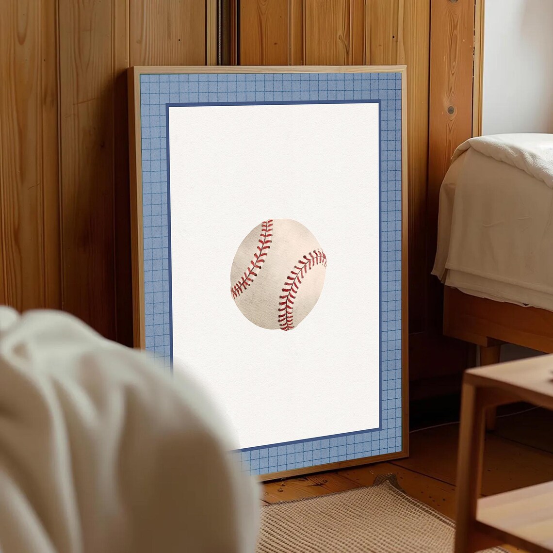 Vintage Classic Baseball Navy Grid Boys Room Sports Decor Poster