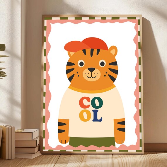 Cool Cartoon Tiger Wearing Red Cap Kids Room Cute Animal Poster
