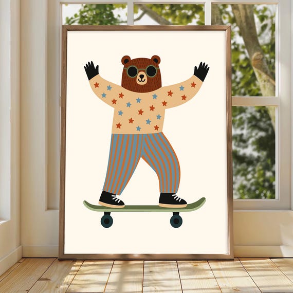 Adorable Skateboarding Bear Nursery Wall Art Kids Room Decor Poster Animal For Baby Toddler