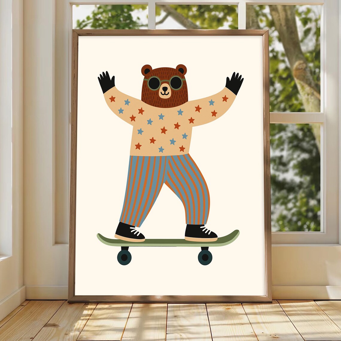 Skateboarding Bear with Sunglasses Star Sweater Kids Decor Poster