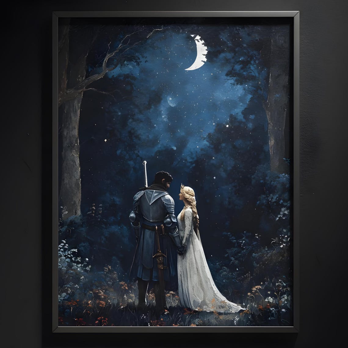 Knight and Lady Under Crescent Moon Starry Night Forest Fantasy Poster