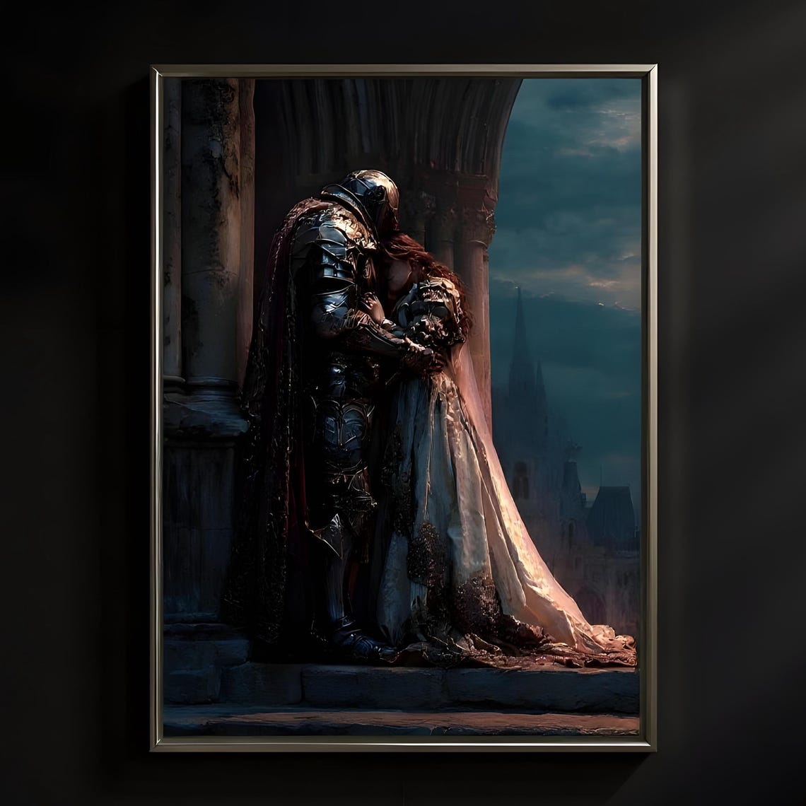 Gothic Knight Embracing Lady Cathedral Moonlit Romantic Fantasy Poster