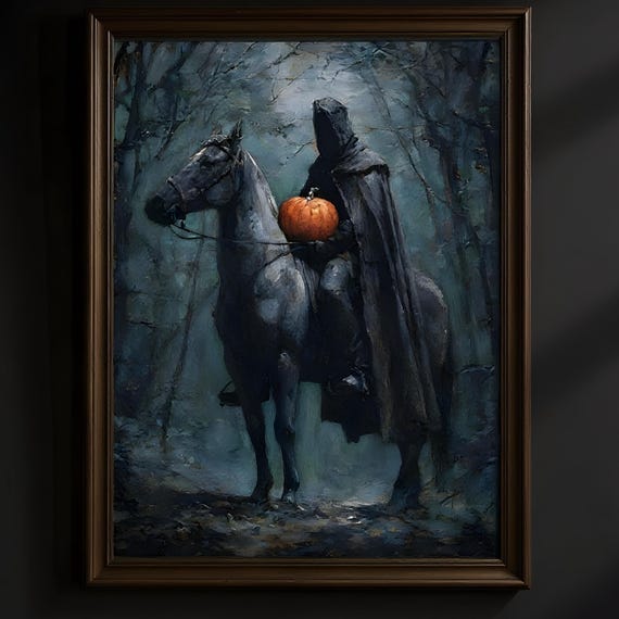 Headless Horseman Halloween Oil Painting Dark Academia Gothic Decor