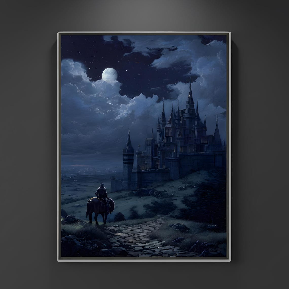 Dark Fantasy Gothic Castle Painting Medieval Knight On Horse Night Sky Wall Decor