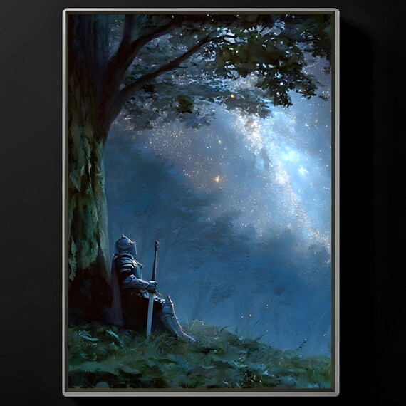 Dark Fantasy Knight Painting Medieval Starry Night Art