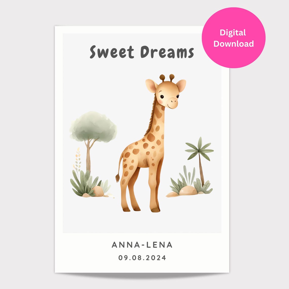 Personalizable Giraffe Safari Poster, Boho Nursery Decor