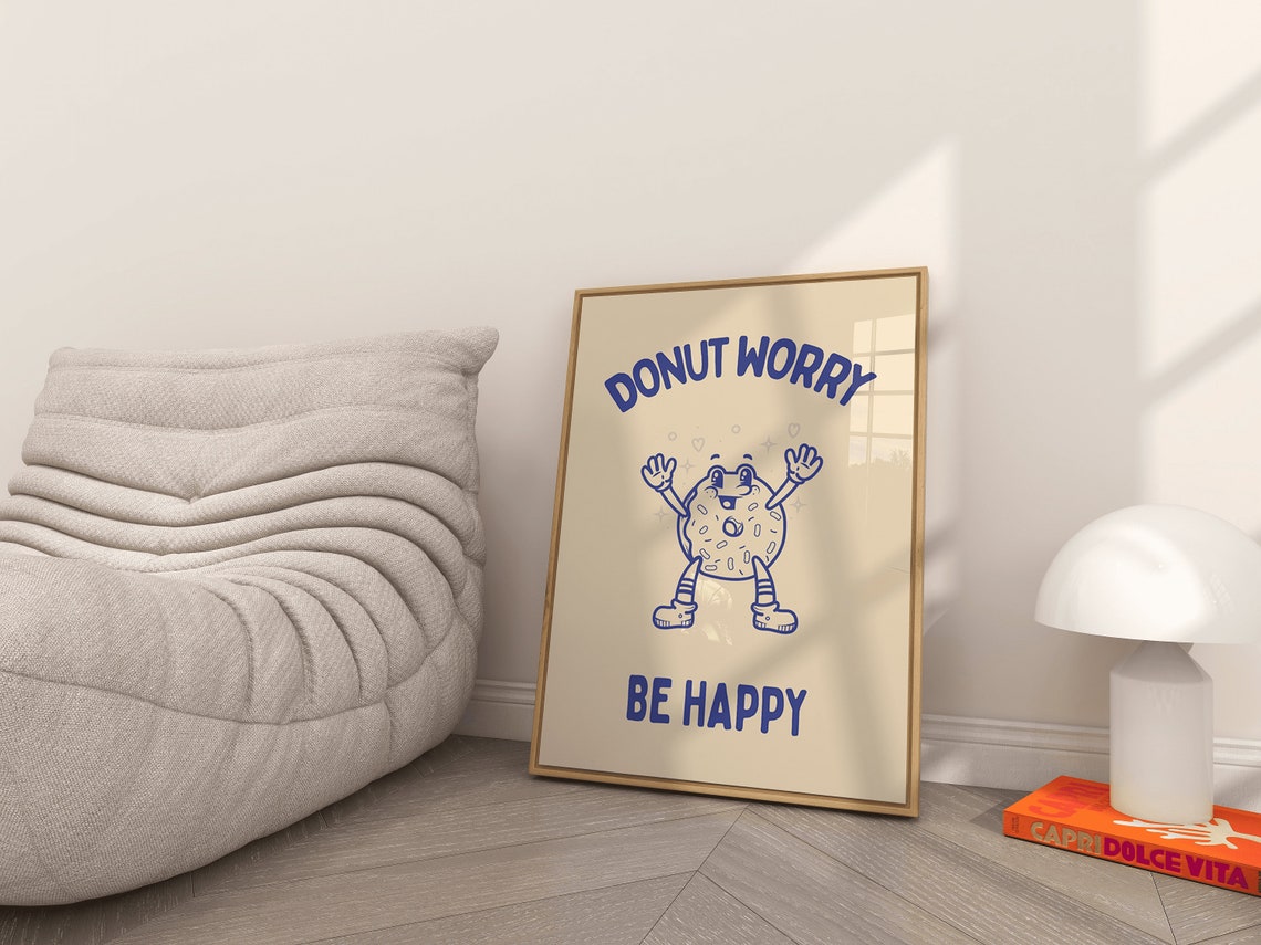 Donut Worry Be Happy Retro Donut Mascot Kitchen Typography Print - Image 2
