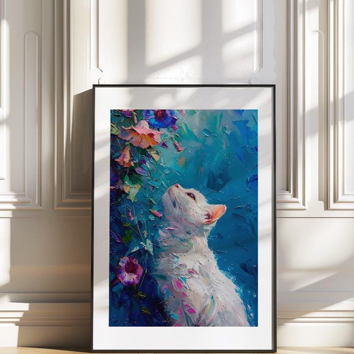White Cat Gazing at Flowers Blue Impasto Painting Art Poster - Image 3