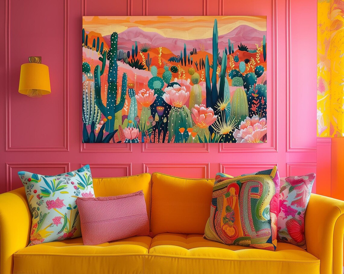 Blooming Cactus Desert Sunset Whimsical Landscape Art Poster