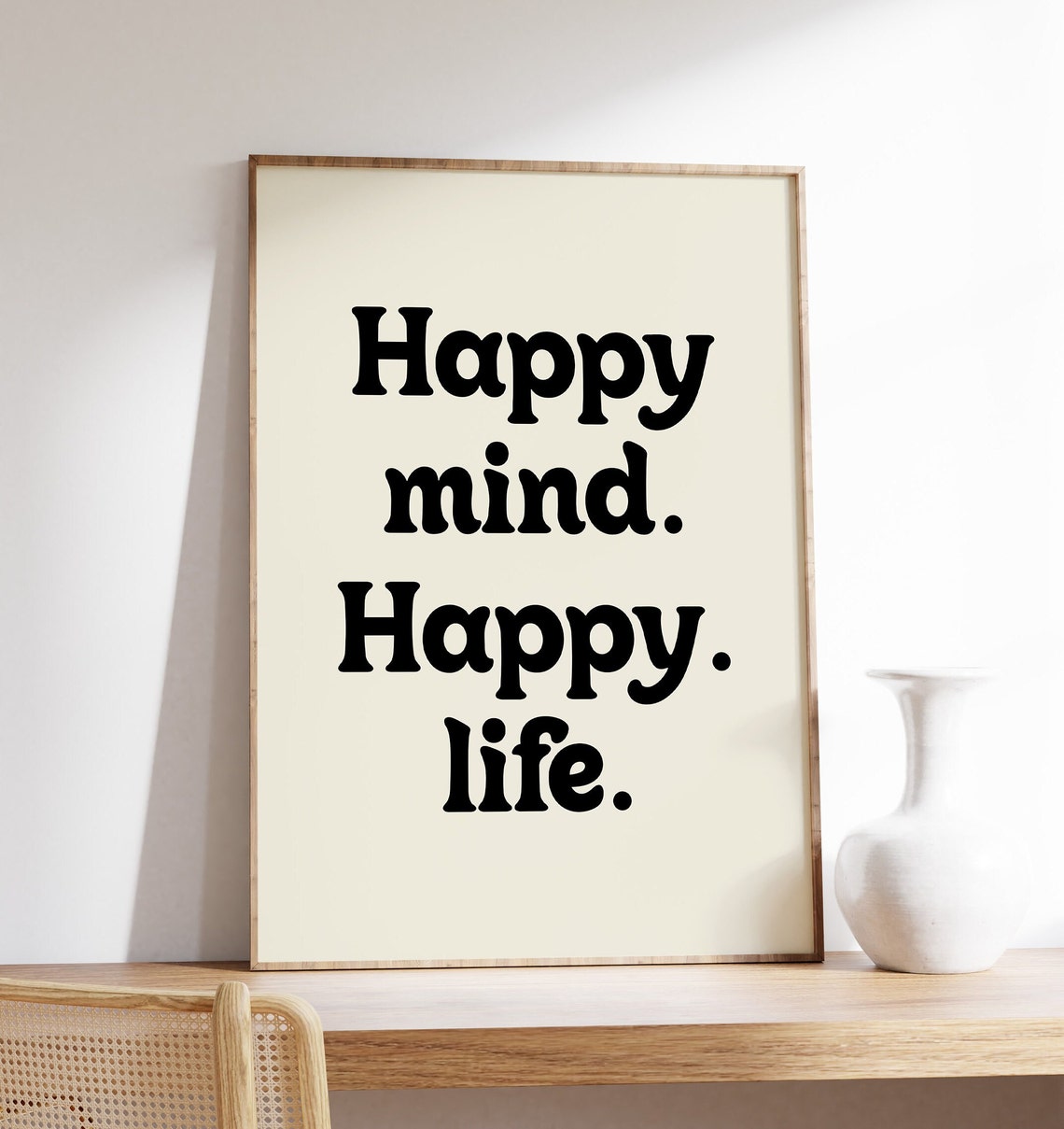 Happy Mind Happy Life Retro Typography Inspirational Quote Poster
