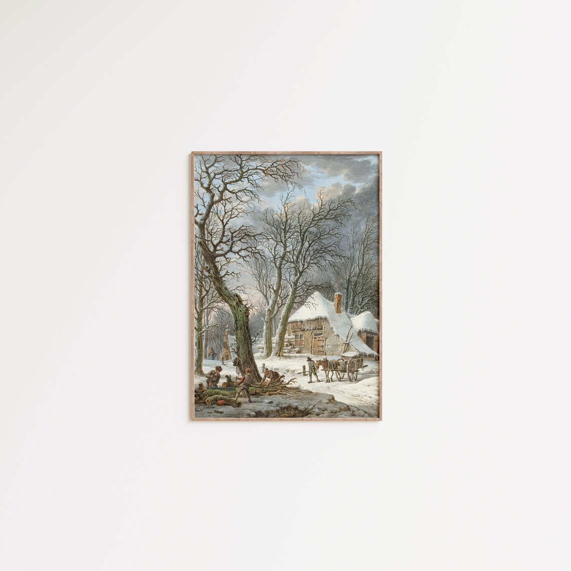 Vintage Winter Landscape Cottage Woodcutters Snowy Village Oil Print - Image 4