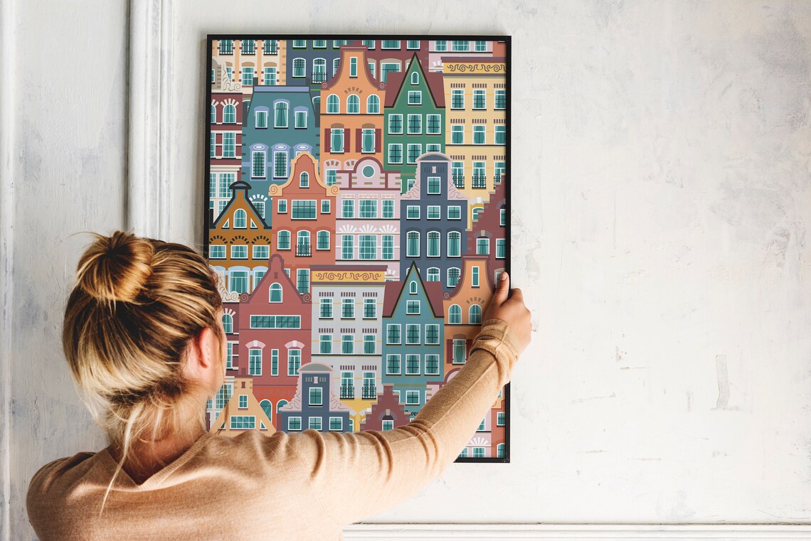 Amsterdam Houses Travel Poster, Boho Kitchen Print