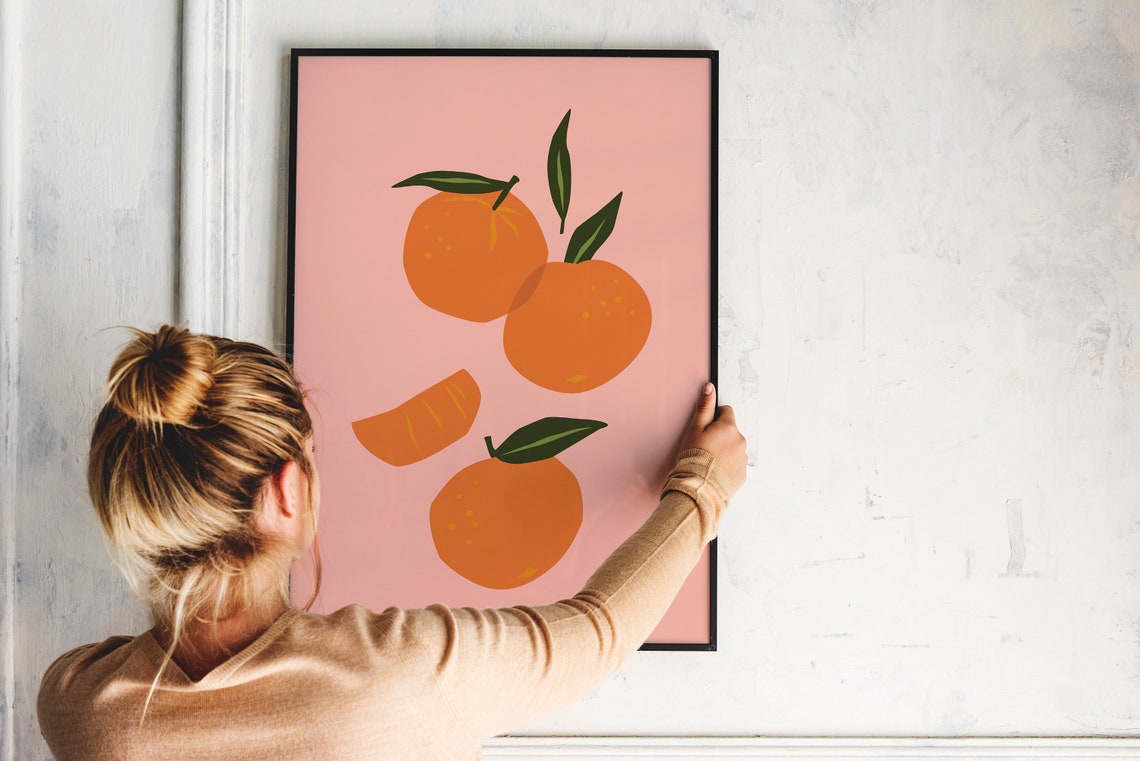 Abstract Minimal Oranges Pink Fruit Illustration Modern Kitchen Poster