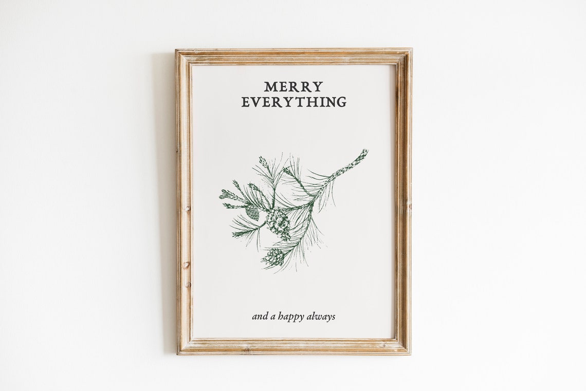 Merry Everything Pine Branch Pinecones Vintage Botanical Quote Print - Image 4
