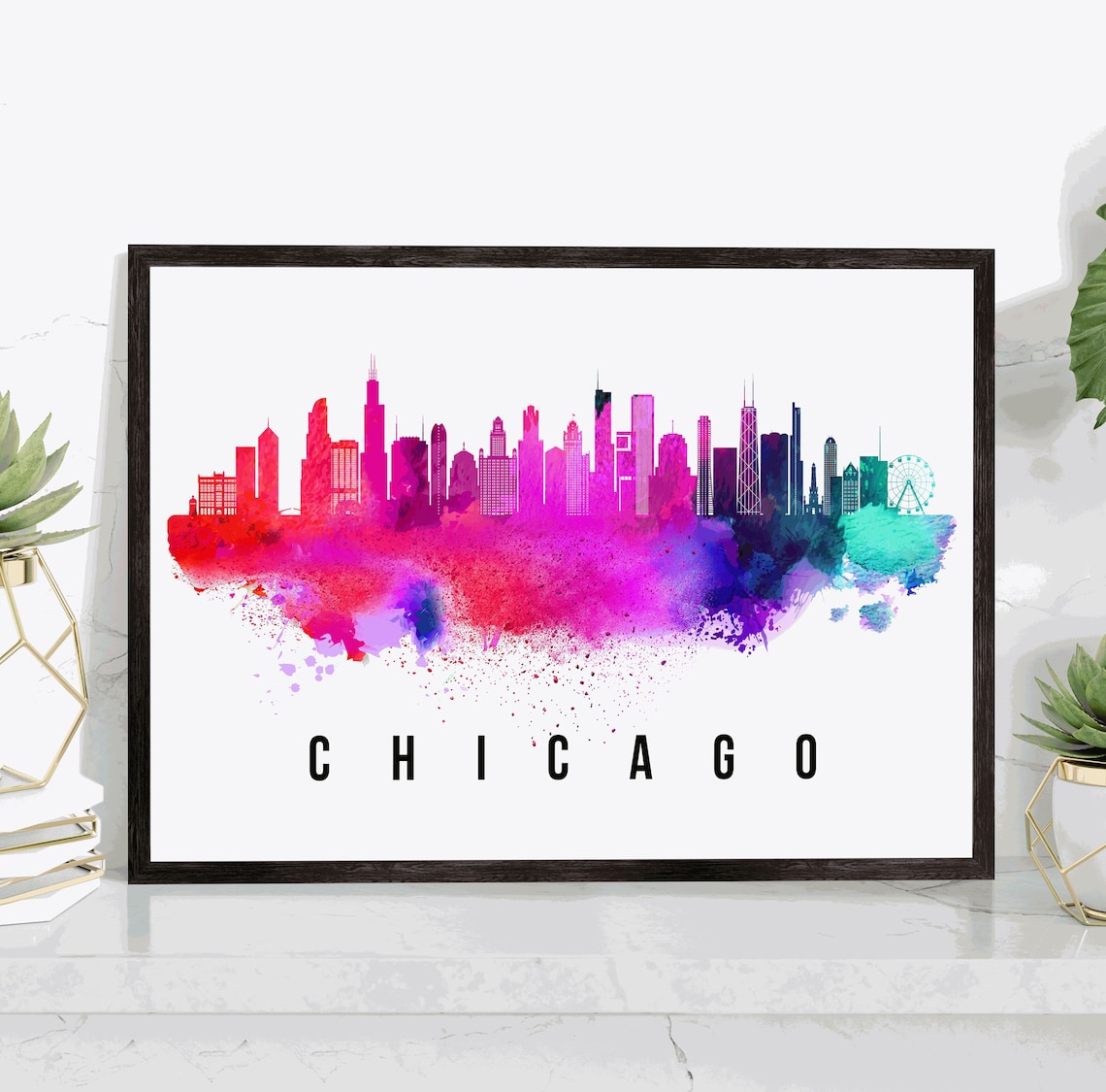 Chicago Illinois Magenta Watercolor Skyline Ferris Wheel Travel Poster