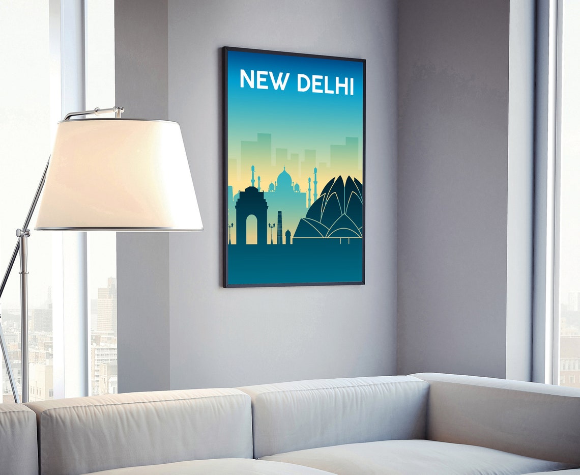 New Delhi India Gate Lotus Temple Blue Gradient Travel Poster - Image 4