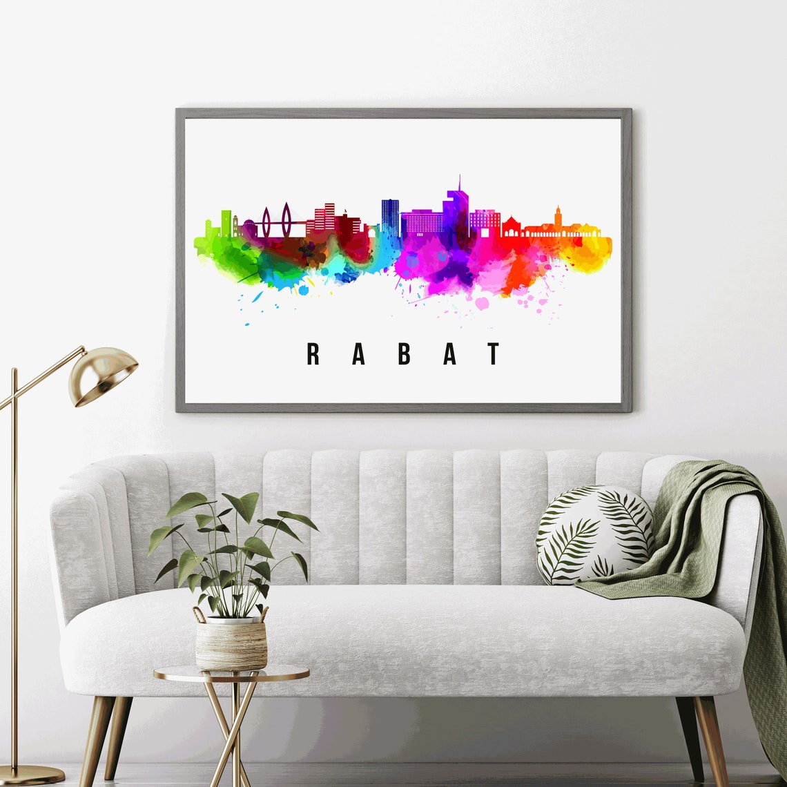 Rabat Morocco Rainbow Watercolor Splash Skyline City Travel Poster - Image 2