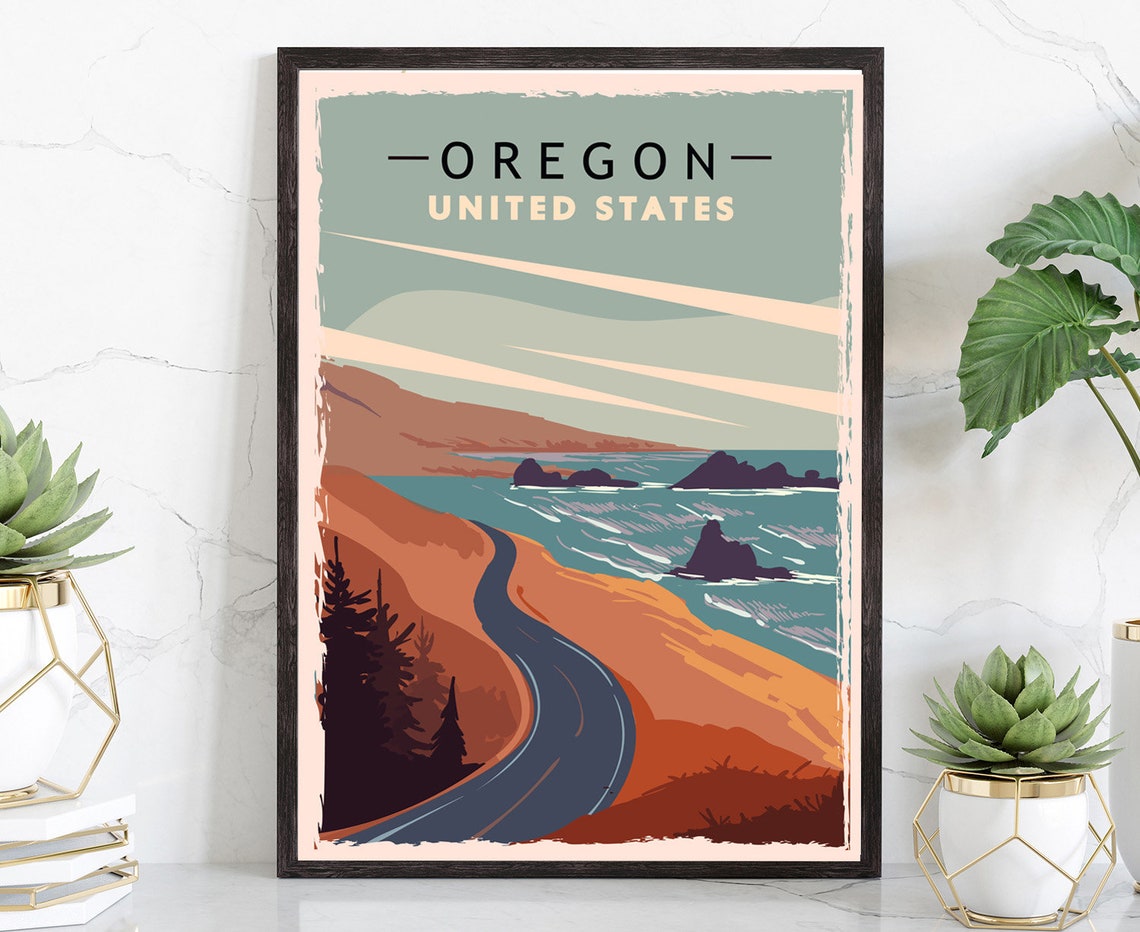 Oregon Coast Cliff Highway Retro Vintage Style Travel Poster