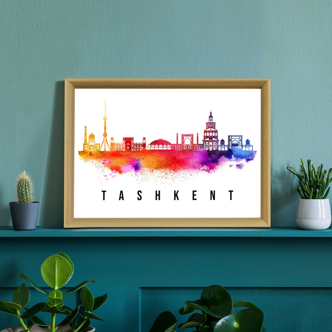 Tashkent Uzbekistan Skyline Watercolor Poster with Teal and Gold Tones - Image 2
