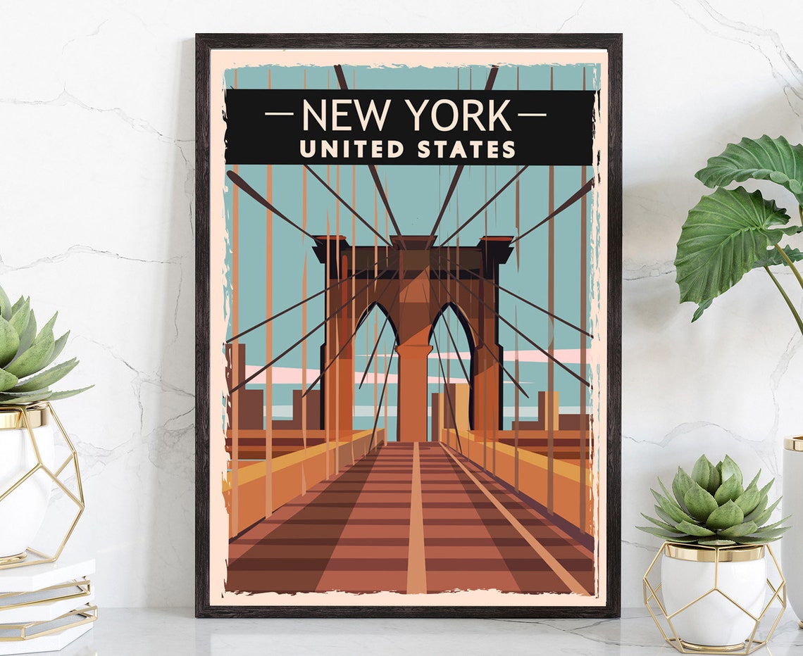 New York City Brooklyn Bridge Retro Vintage Travel Poster Wall Art