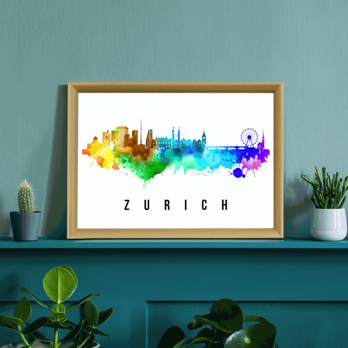 Zurich Switzerland Rainbow Watercolor City Skyline Silhouette Poster - Image 3