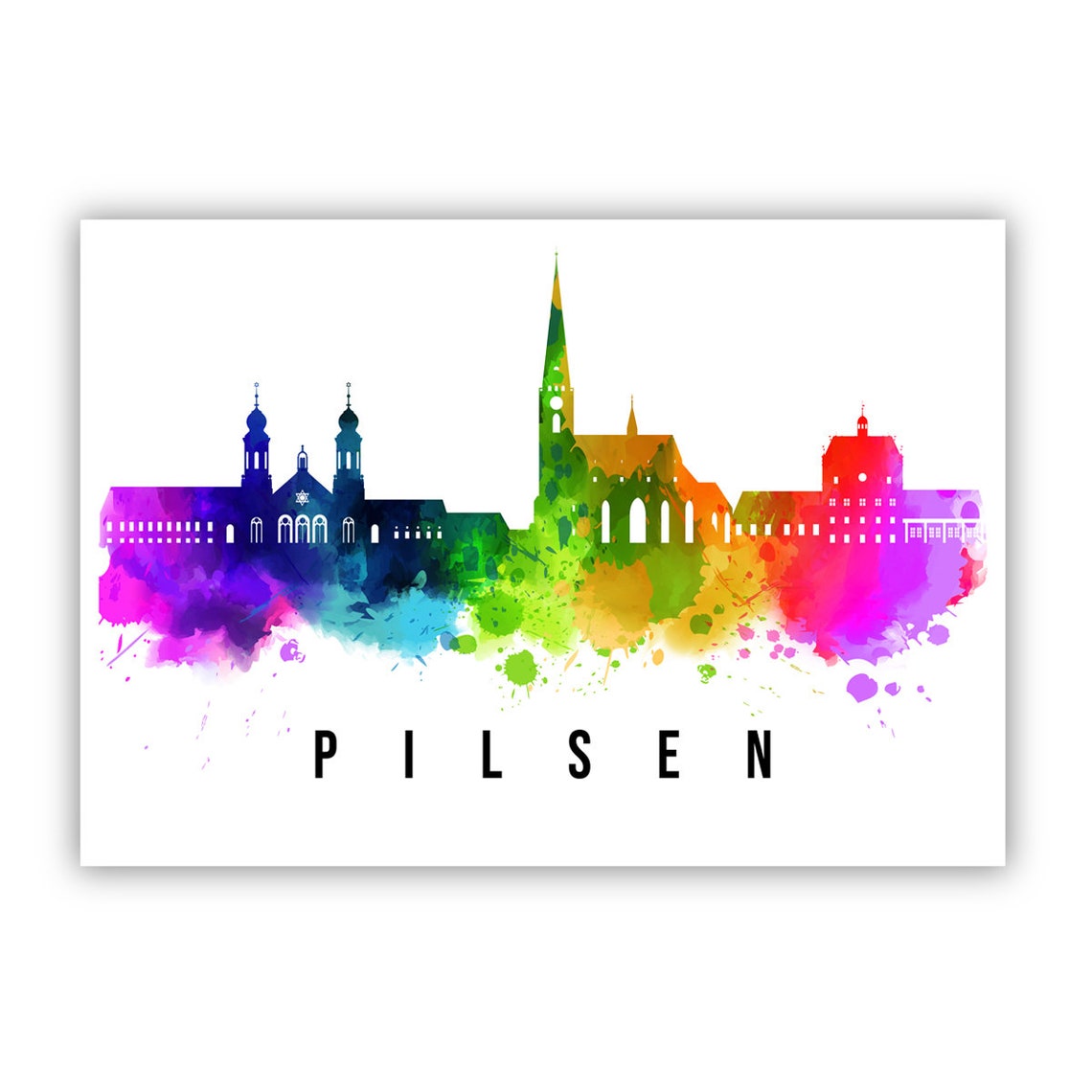 Pilsen Czech Republic Rainbow Watercolor Old Town Skyline Art Poster - Image 2