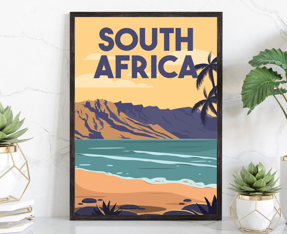South Africa Beach Sunset Table Mountain Retro Travel Poster