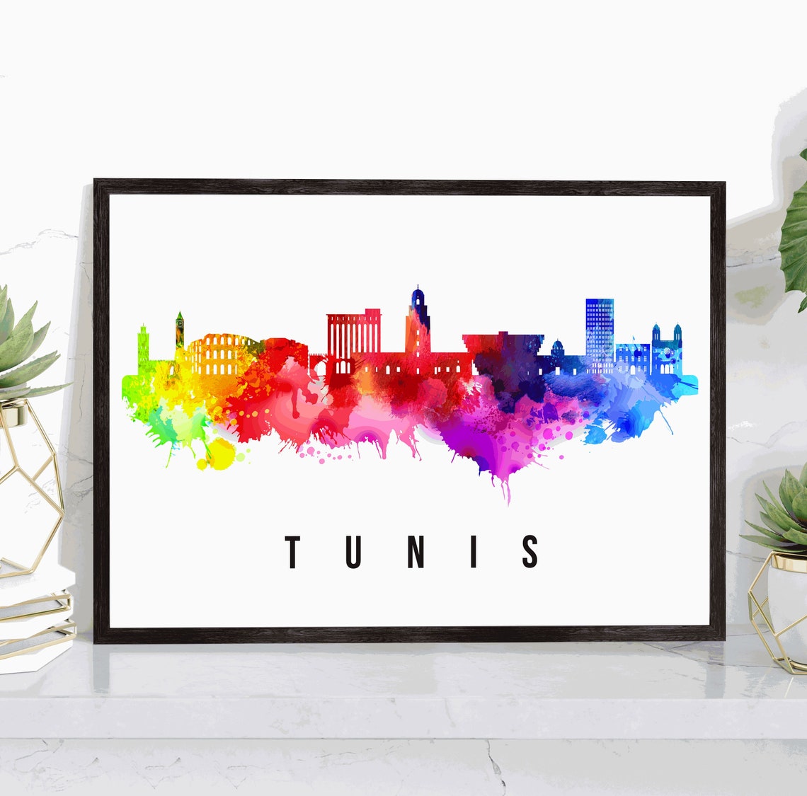 Tunis Tunisia Rainbow Watercolor Splash Skyline City Travel Poster