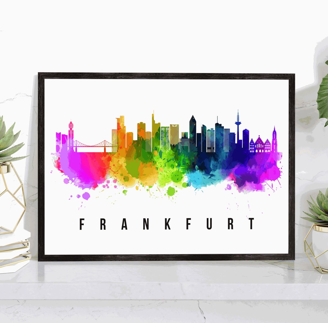 Frankfurt Germany Rainbow Watercolor Modern Skyline Silhouette Poster