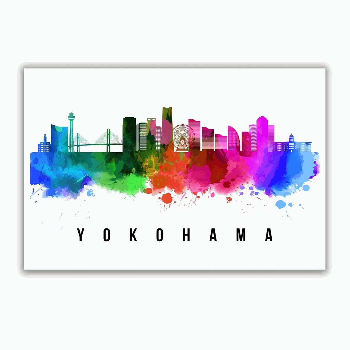 Yokohama Japan Rainbow Watercolor Skyline Ferris Wheel Travel Poster - Image 2